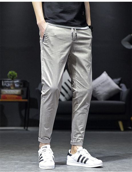 mens drawstring casual pencil pants summer solid color capris slim youth active sell men pants, Black